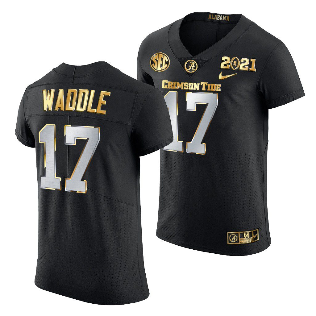 Men's Alabama Crimson Tide Jaylen Waddle #17 Black Golden 2021 Playoff Championship NCAA College Football Jersey